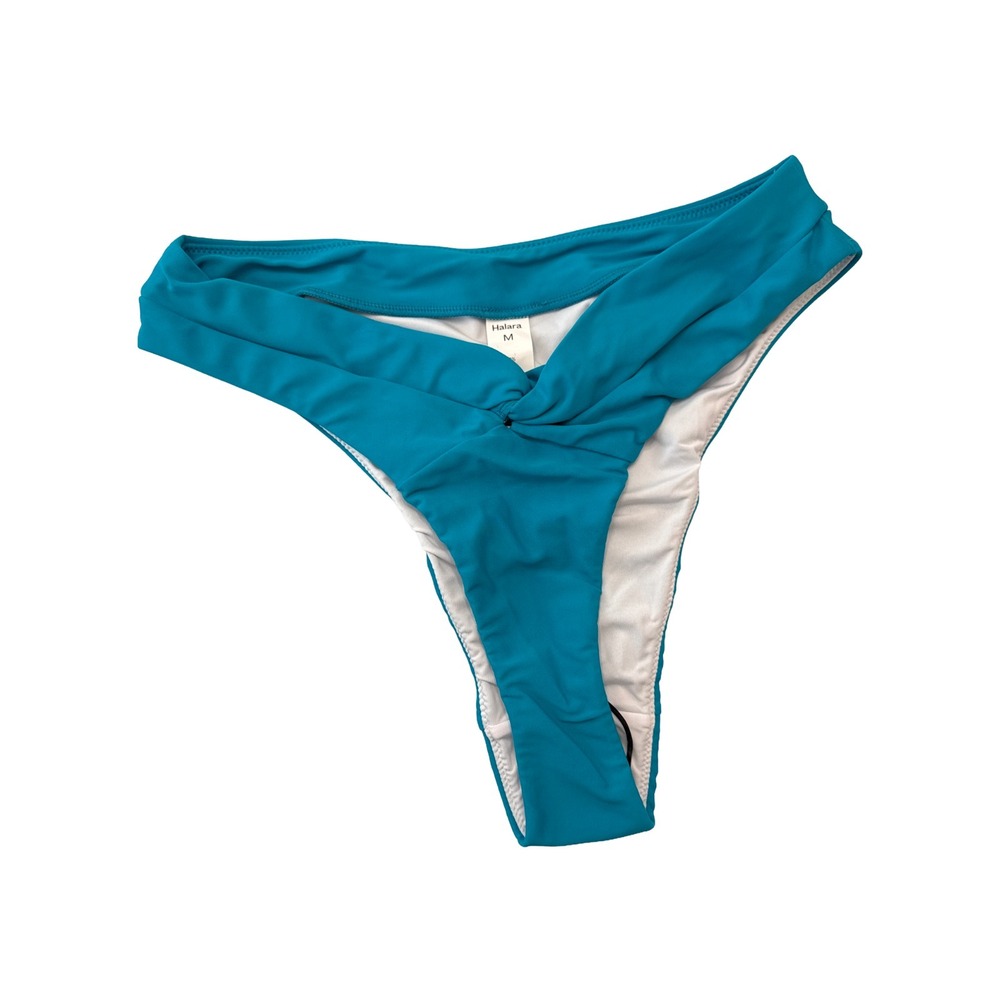 Halara Bikini Bottom Women M Teal Blue Twist Front High Cut Swimwear Bottom NWOT